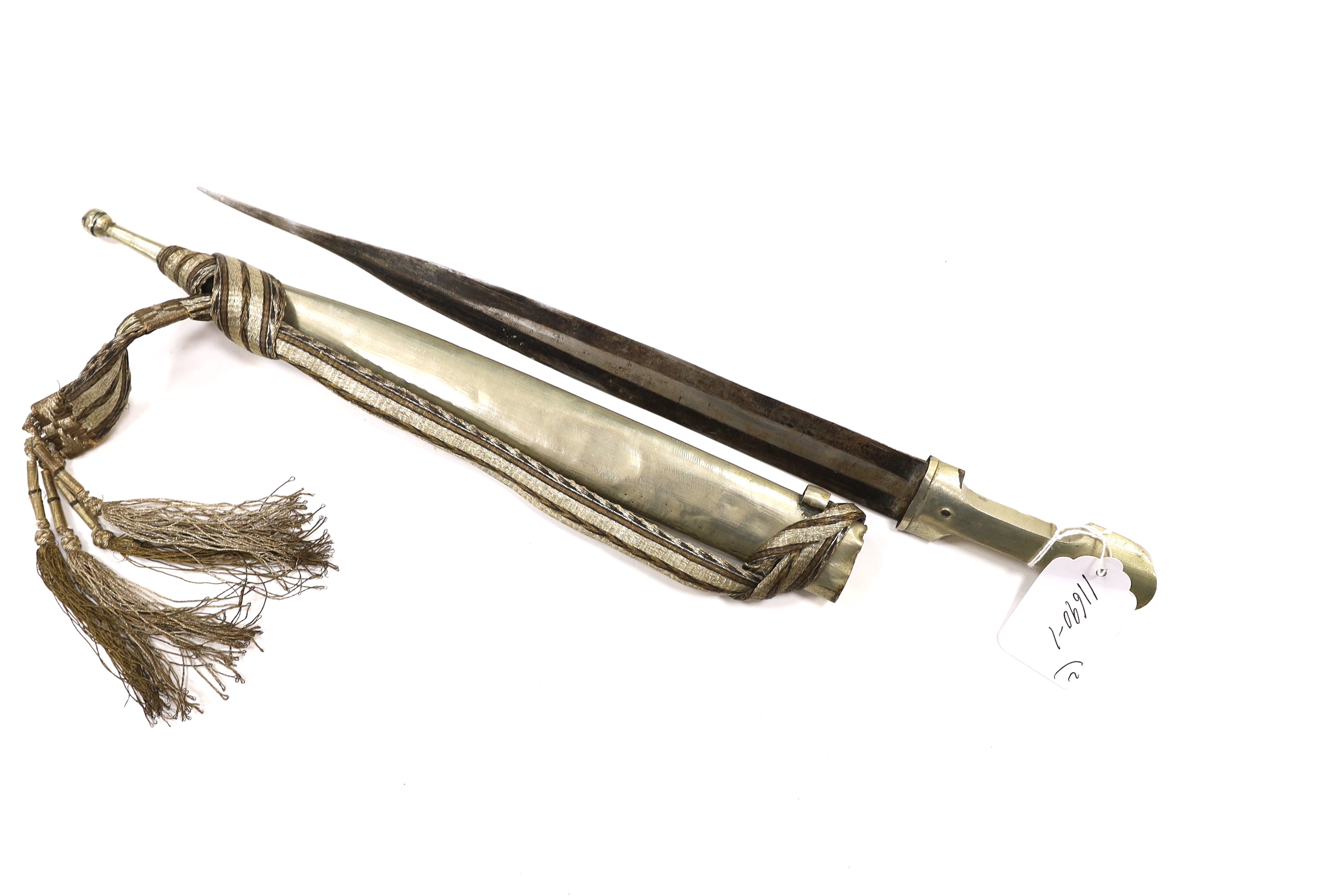 A 19th century Albanian flintlock miquelet lock rifle (Balkan long arm) and a Caucasian style dagger, with niello work scabbard, barrel 122cm (2)